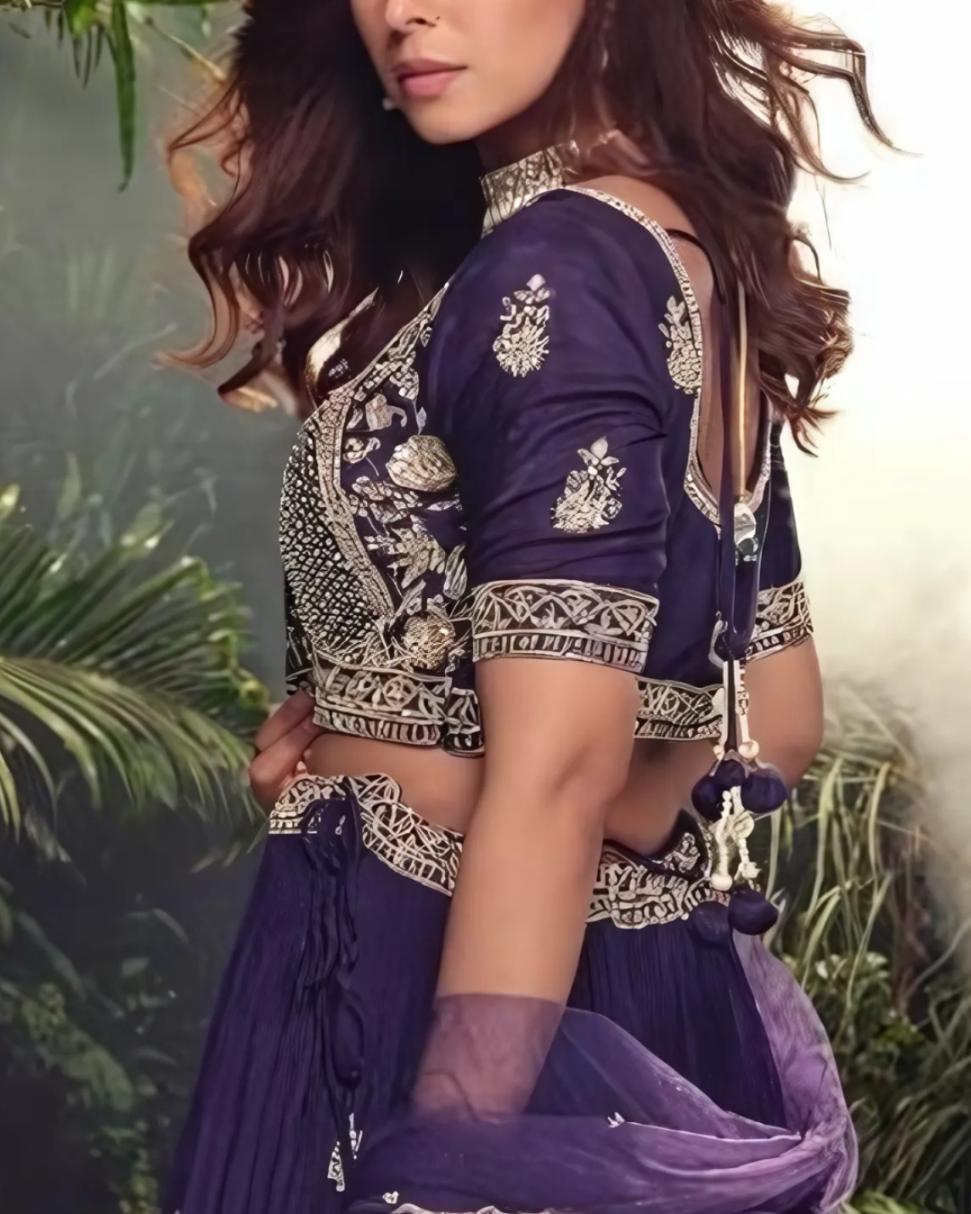 Purple Embroidered Heavy Silk Chinon Readymade Lehenga