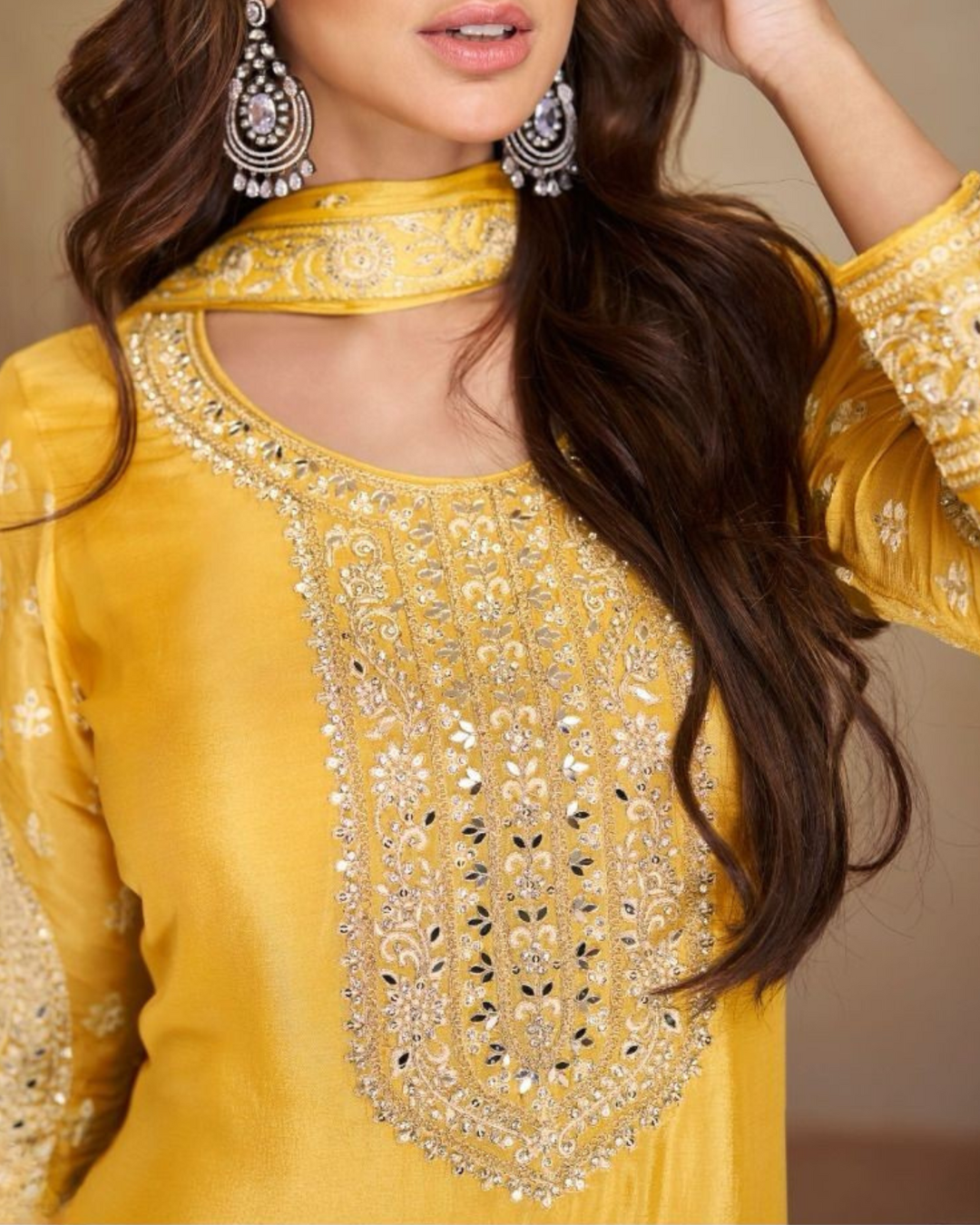 Yellow Heavy embroidered Real Chinon Readymade Sharara Set
