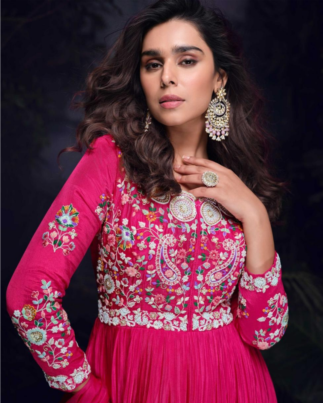 Pink Heavy Embroidered Chinon silk Readymade Anarkali Set