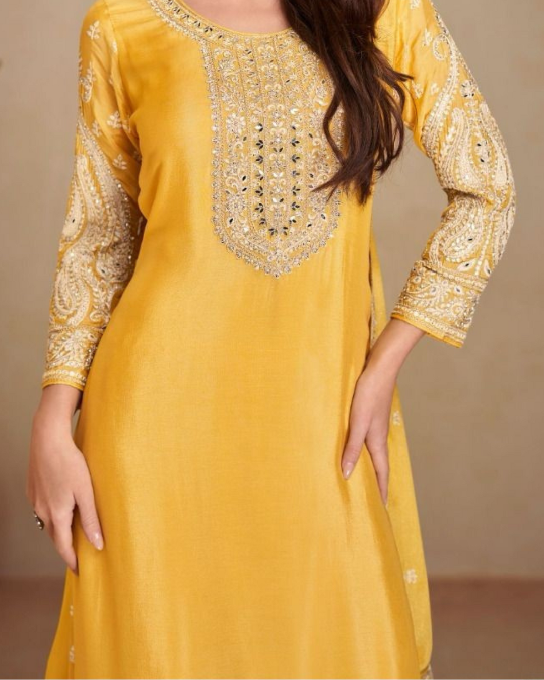 Yellow Heavy embroidered Real Chinon Readymade Sharara Set