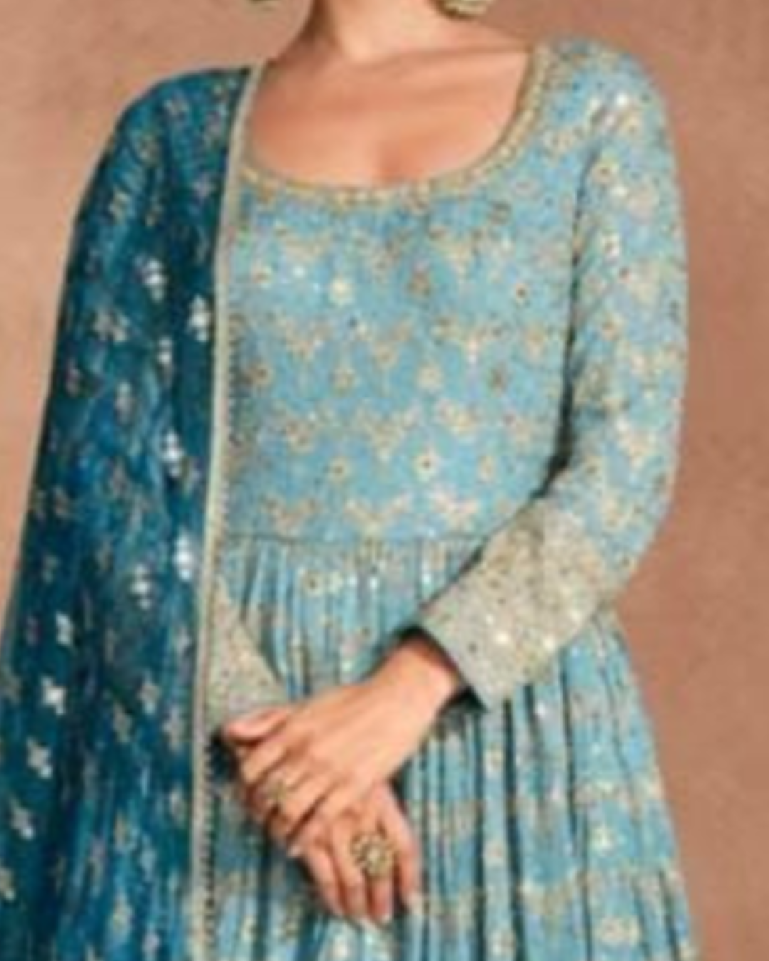 Blue Embroidered Real Georgette Readymade Anarkali Set