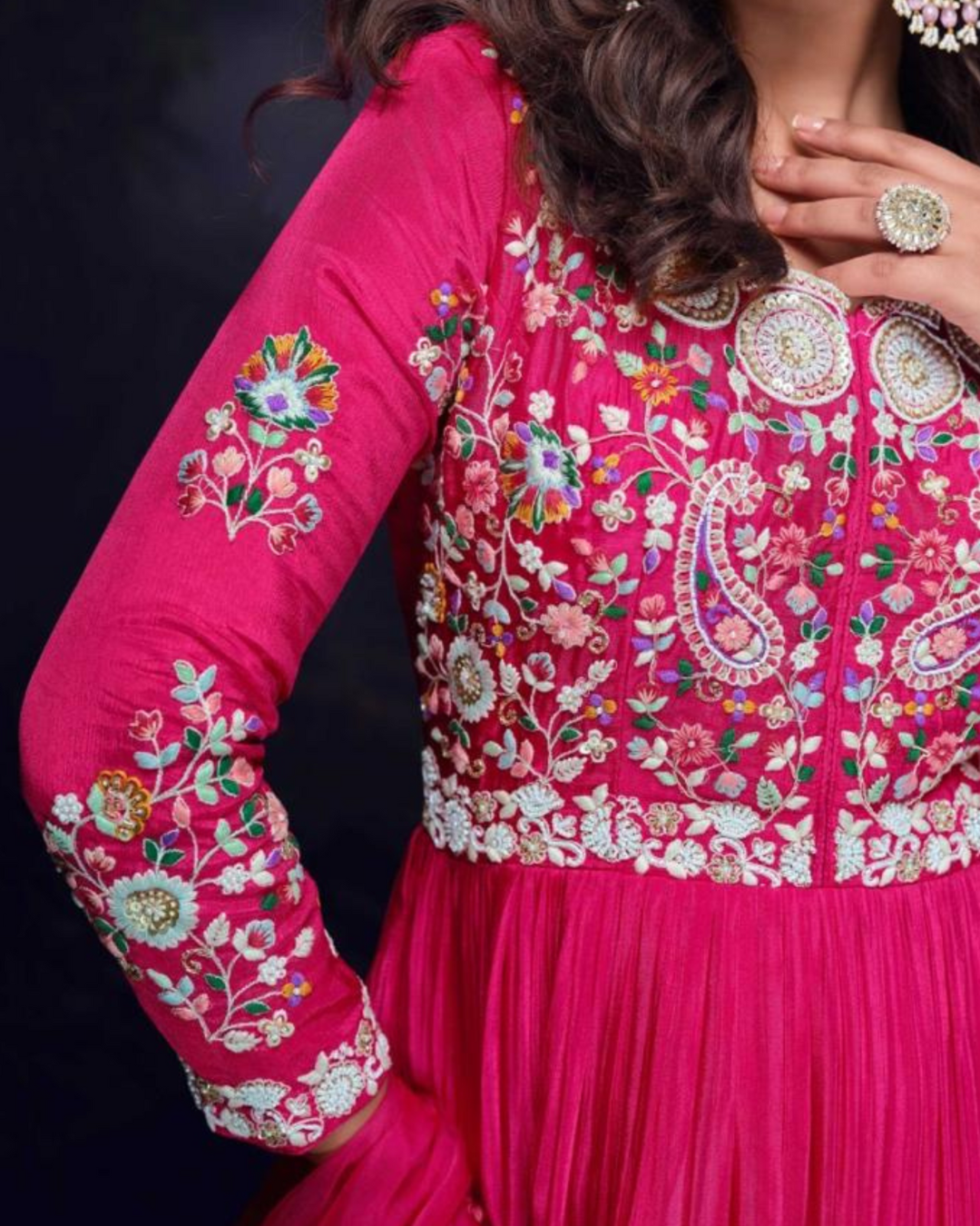 Pink Heavy Embroidered Chinon silk Readymade Anarkali Set