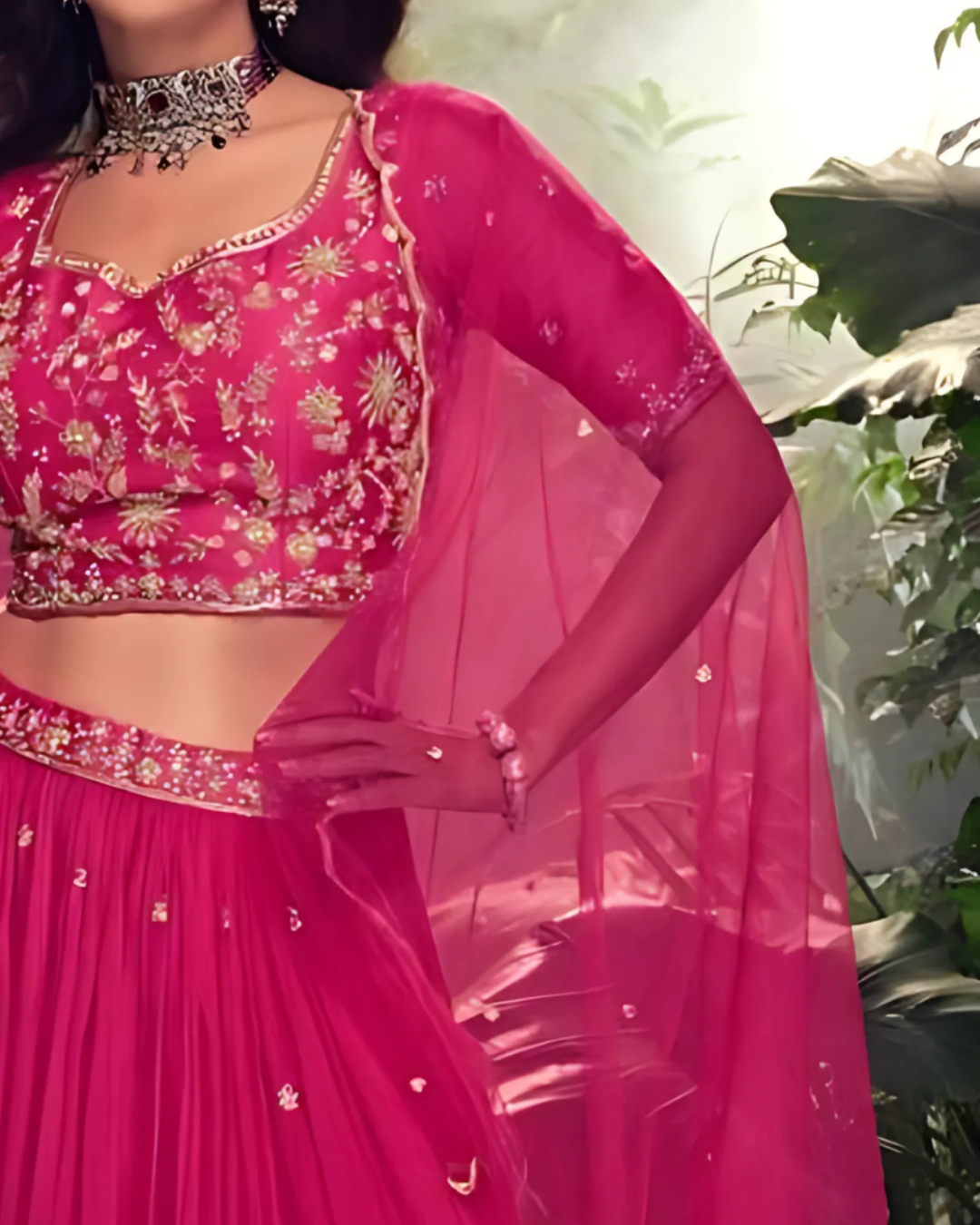Dark Pink Embroidered Heavy Silk Chinon Readymade Lehenga