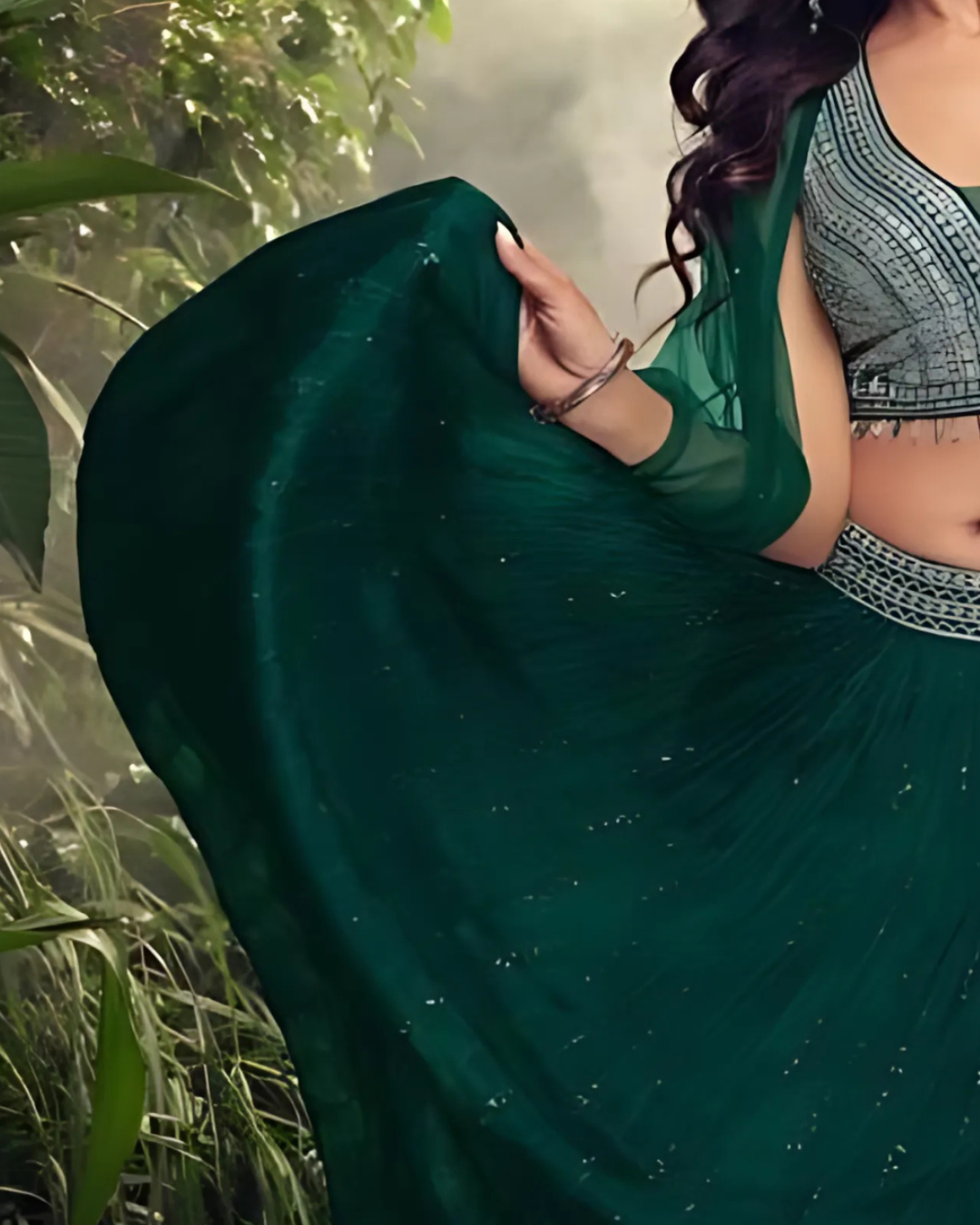 Dark Green Embroidered Heavy Silk Chinon Readymade Lehenga