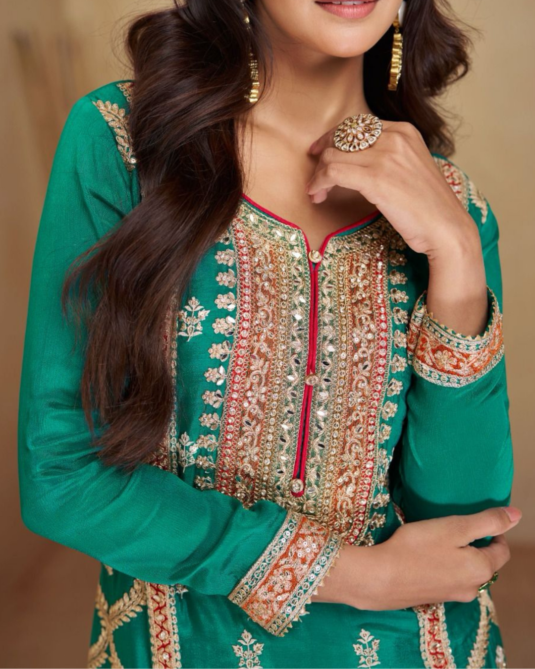 Rama Green Heavy embroidered Real Chinon Readymade Sharara Set