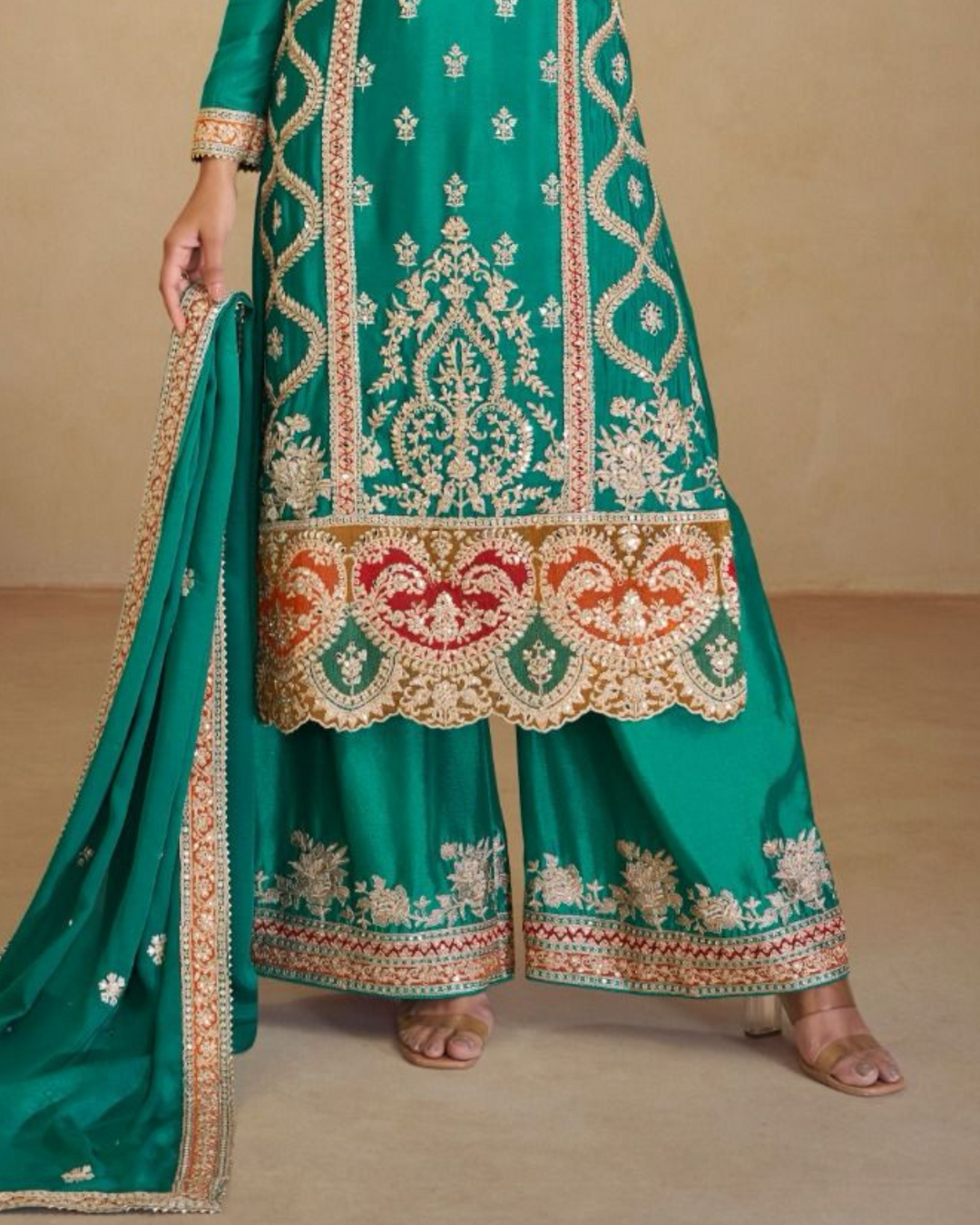 Rama Green Heavy embroidered Real Chinon Readymade Sharara Set