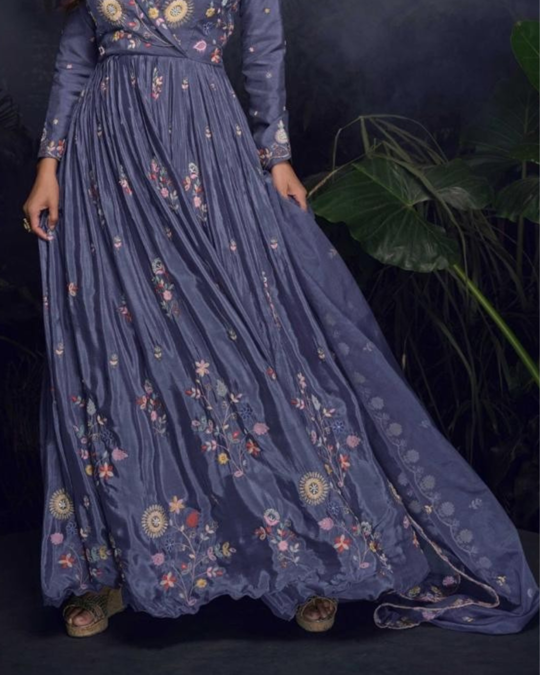Lavender Heavy Embroidered Chinon silk Readymade Anarkali Set