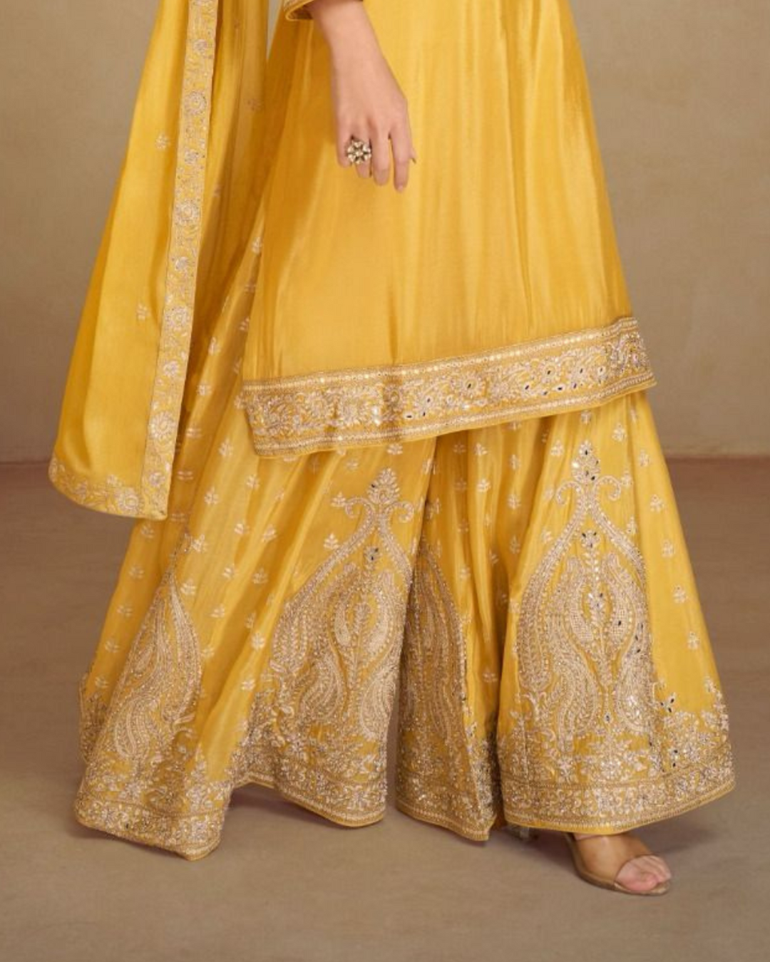 Yellow Heavy embroidered Real Chinon Readymade Sharara Set