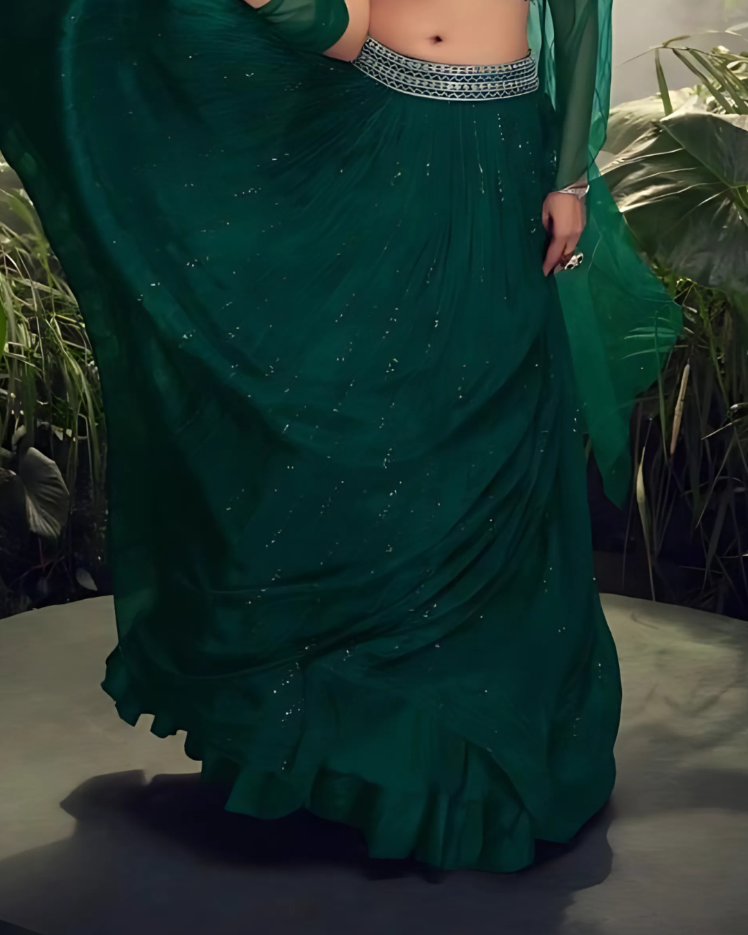 Dark Green Embroidered Heavy Silk Chinon Readymade Lehenga
