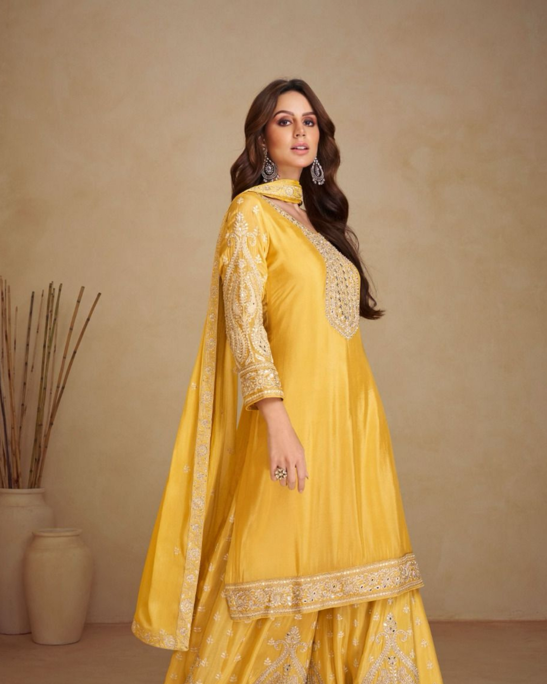 Yellow Heavy embroidered Real Chinon Readymade Sharara Set