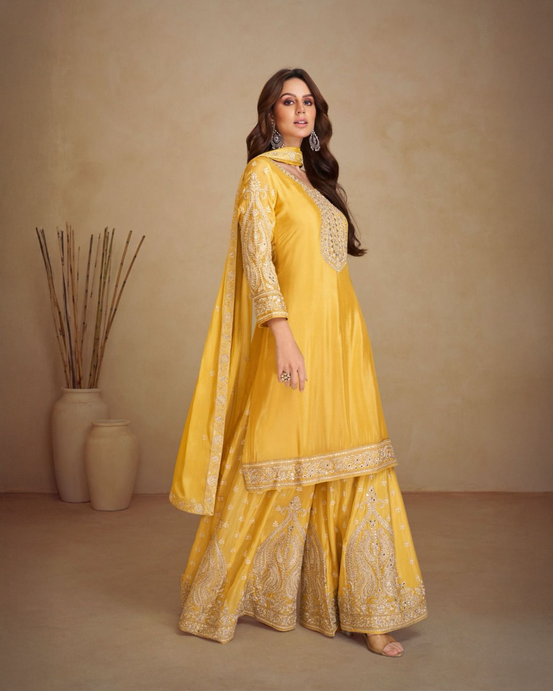Yellow Heavy embroidered Real Chinon Readymade Sharara Set
