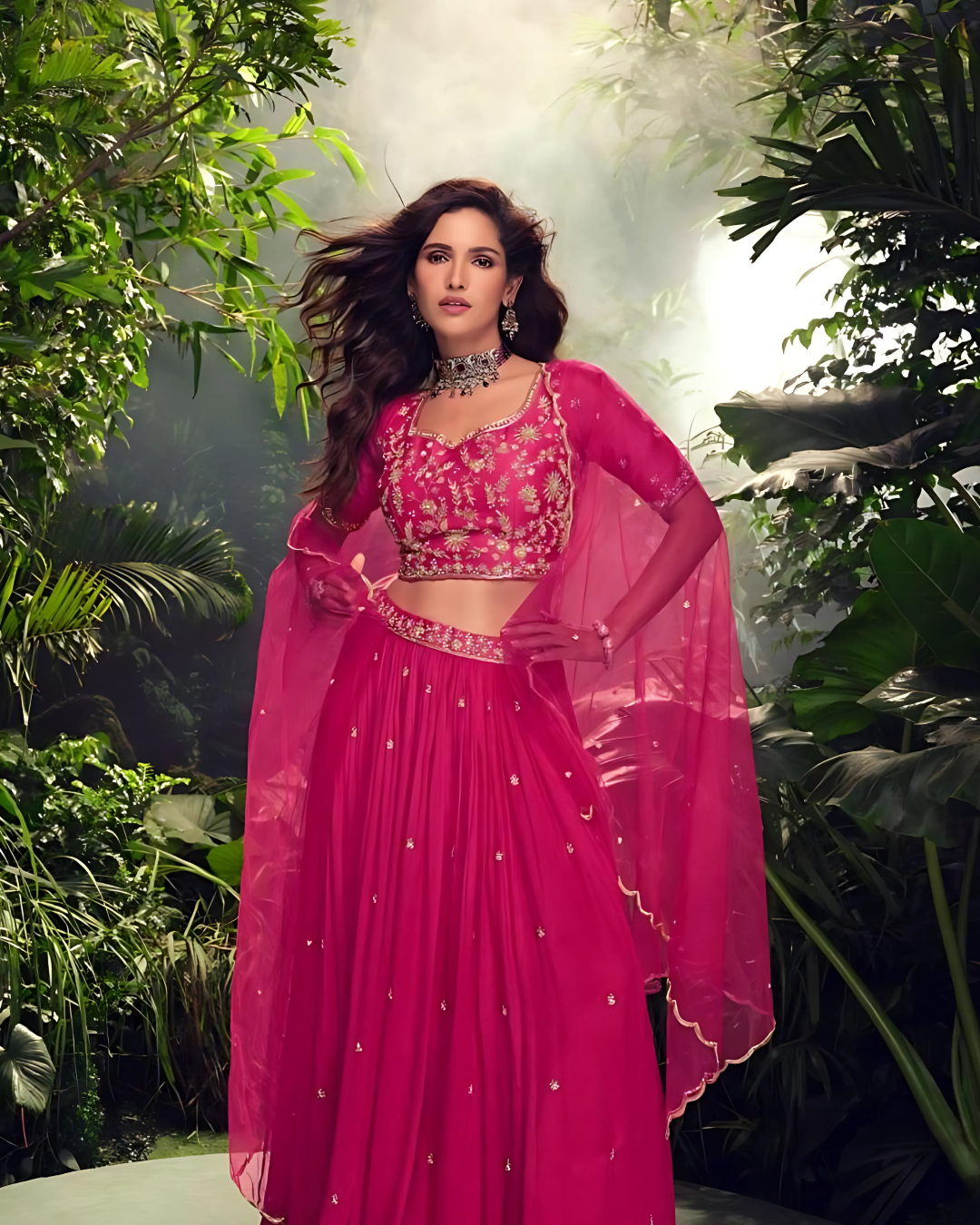 Dark Pink Embroidered Heavy Silk Chinon Readymade Lehenga
