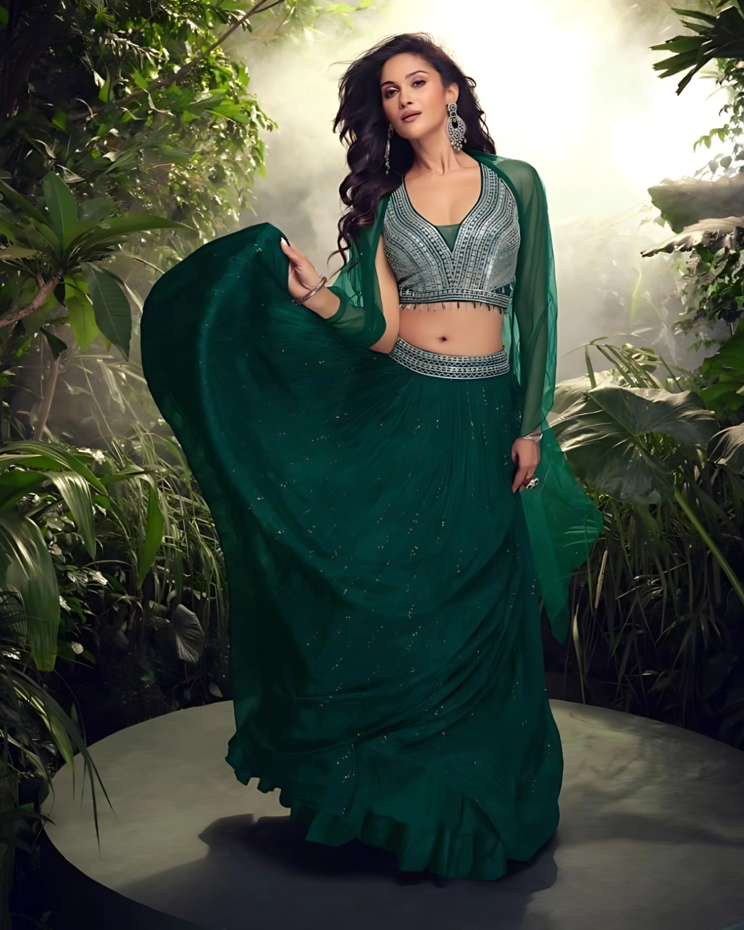 Dark Green Embroidered Heavy Silk Chinon Readymade Lehenga