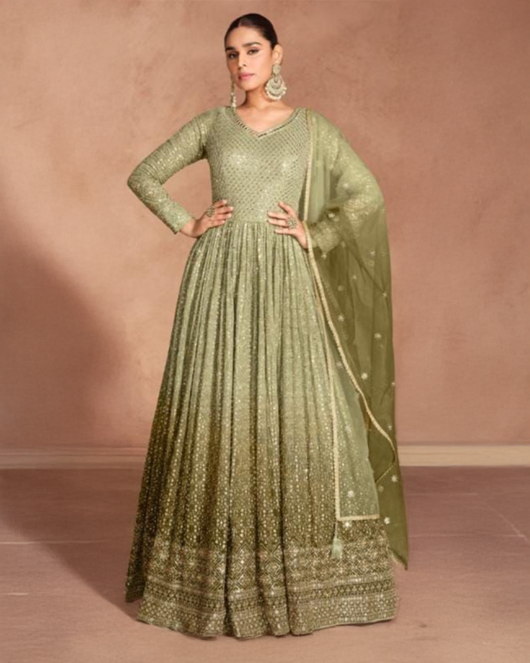 Pista Green Embroidered Real Georgette Readymade Anarkali Set