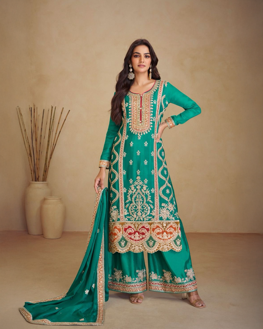 Rama Green Heavy embroidered Real Chinon Readymade Sharara Set