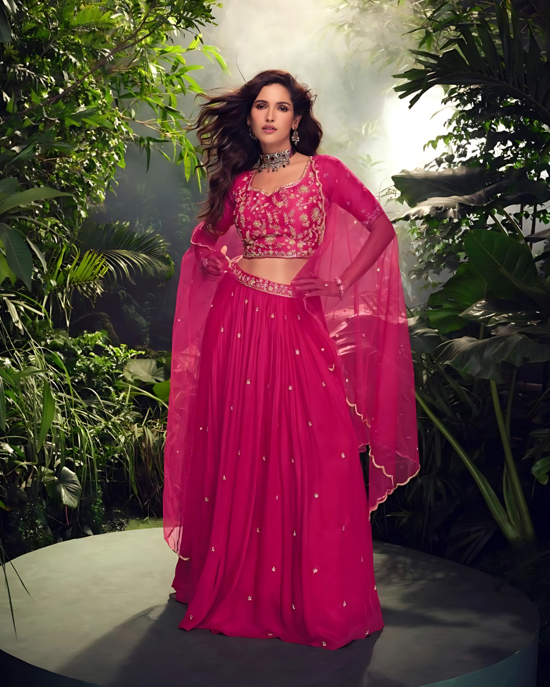 Dark Pink Embroidered Heavy Silk Chinon Readymade Lehenga