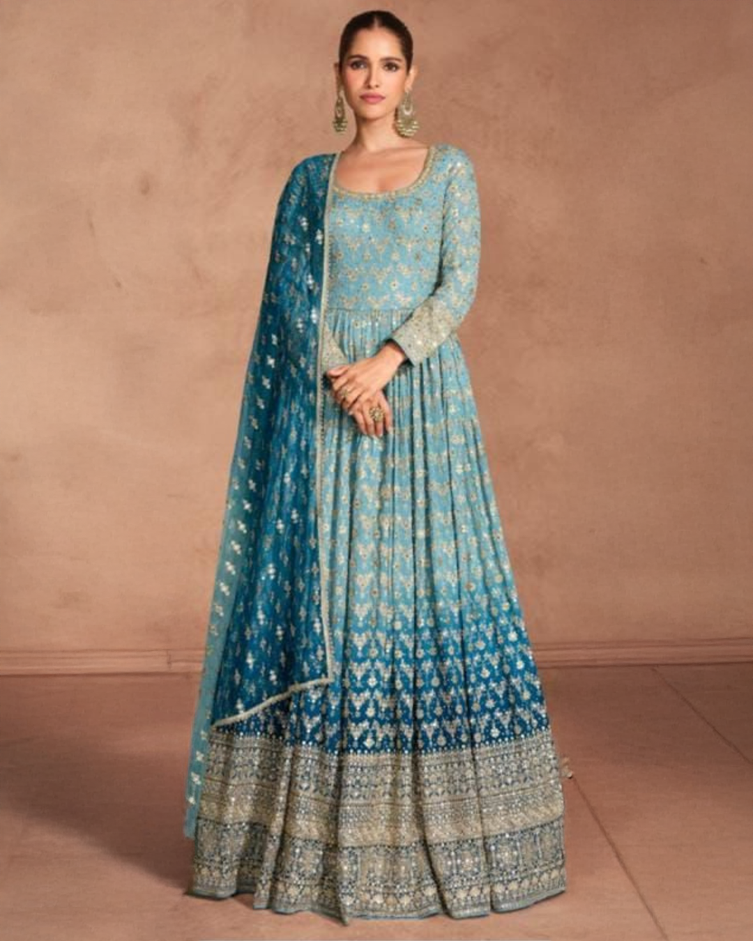 Blue Embroidered Real Georgette Readymade Anarkali Set