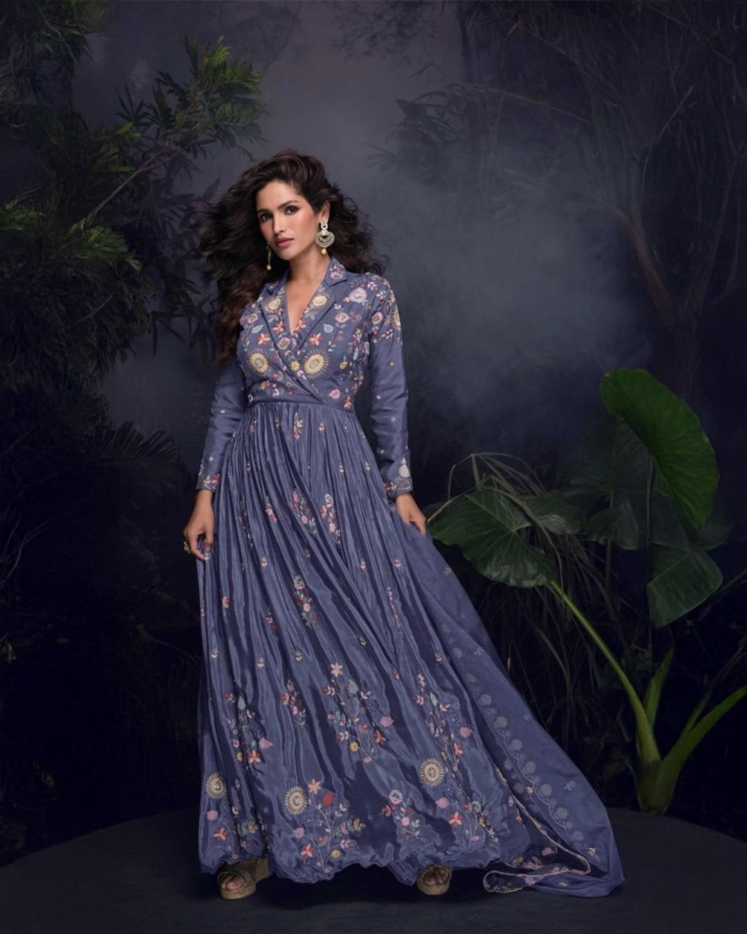 Lavender Heavy Embroidered Chinon silk Readymade Anarkali Set