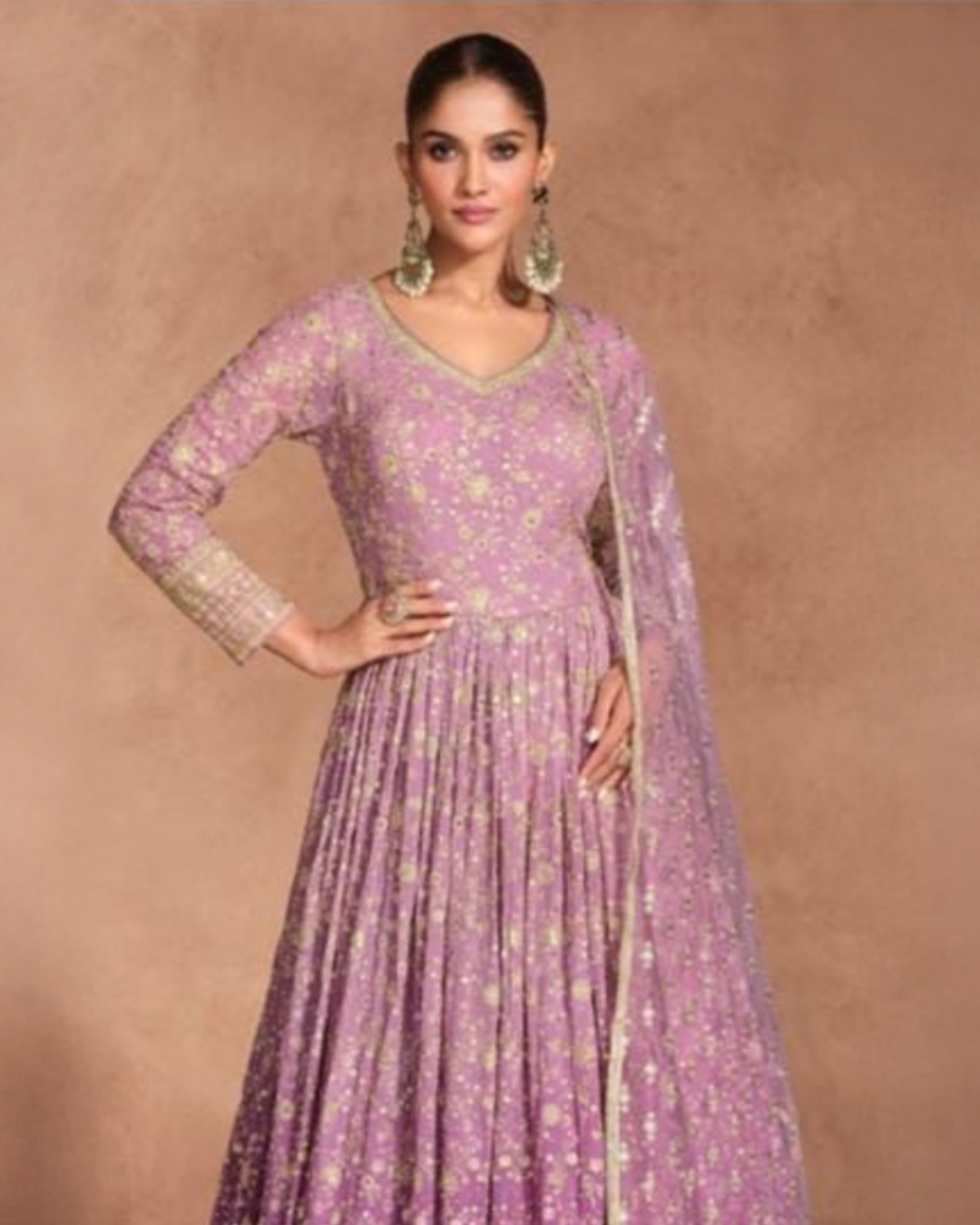 Pink Embroidered Real Georgette Readymade Anarkali Set