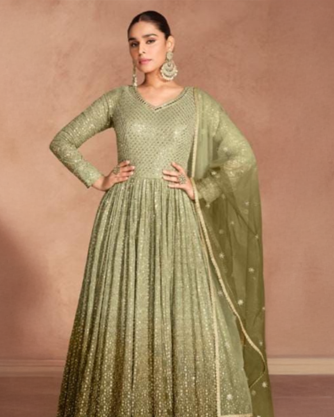 Pista Green Embroidered Real Georgette Readymade Anarkali Set