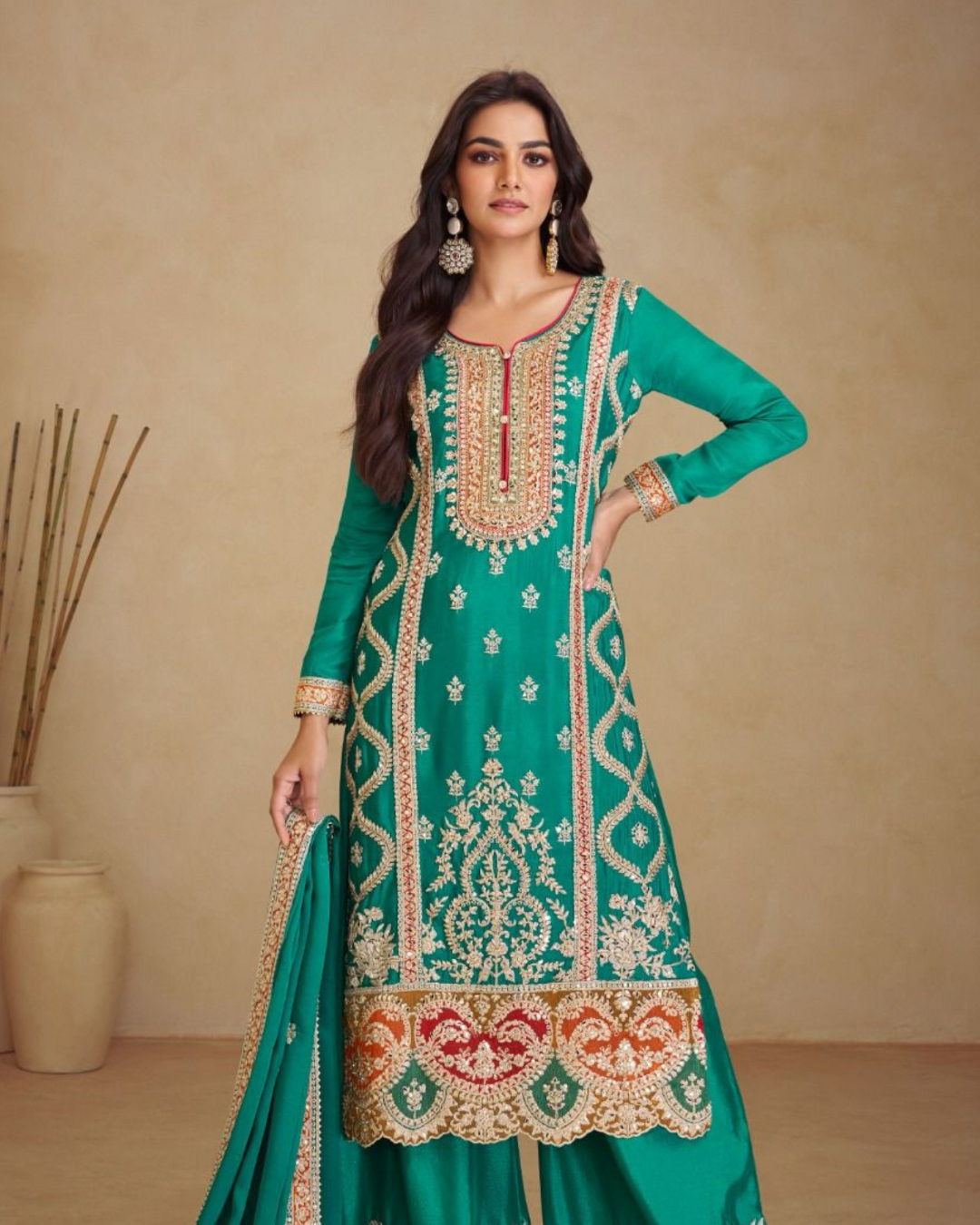 Rama Green Heavy embroidered Real Chinon Readymade Sharara Set