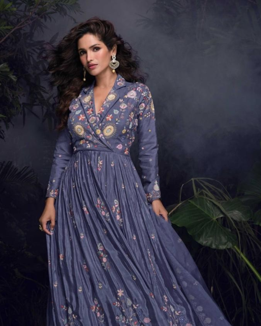 Lavender Heavy Embroidered Chinon silk Readymade Anarkali Set