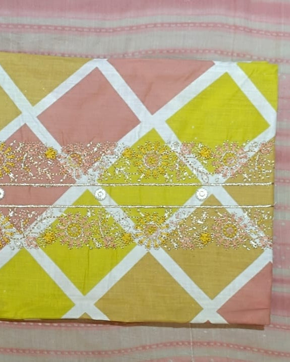 Yellow And Light Pink Mal Cotton printed fabric Unstitched Salwar Suit