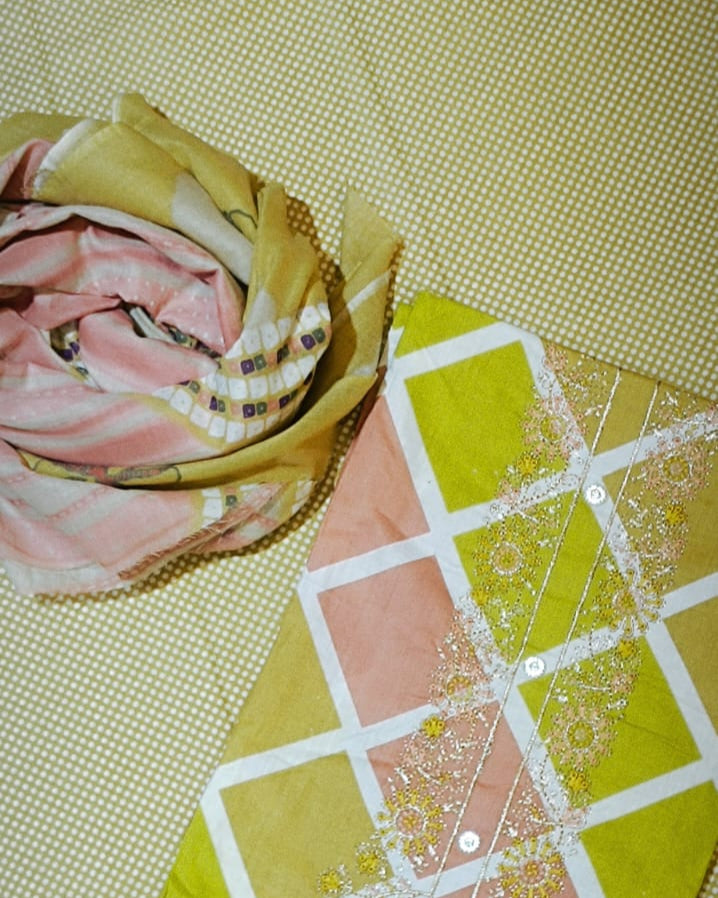 Yellow And Light Pink Mal Cotton printed fabric Unstitched Salwar Suit