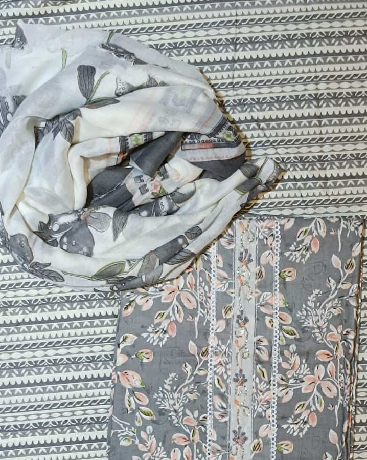 Grey and White Mal Cotton printed fabric Unstitched Salwar Suit