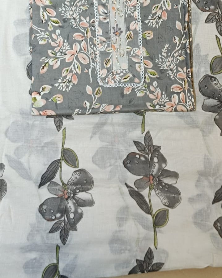 Grey and White Mal Cotton printed fabric Unstitched Salwar Suit