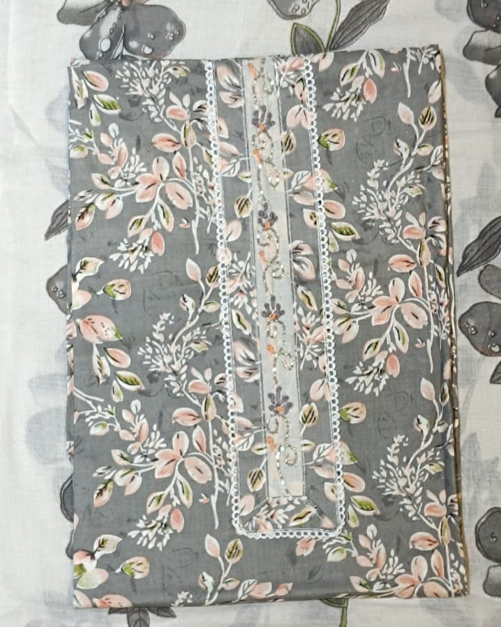 Grey and White Mal Cotton printed fabric Unstitched Salwar Suit