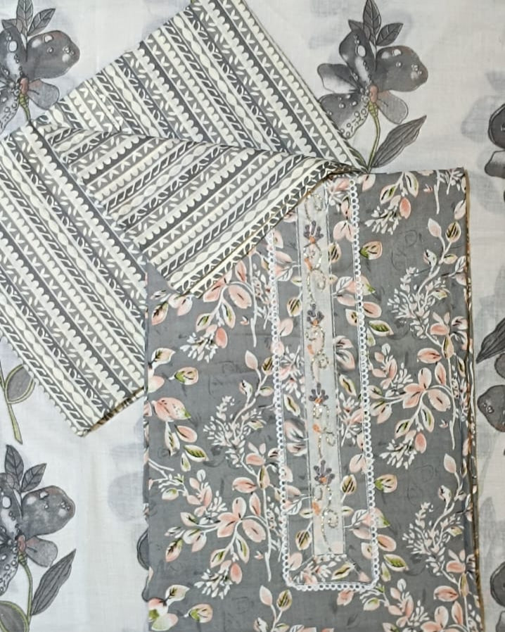 Grey and White Mal Cotton printed fabric Unstitched Salwar Suit