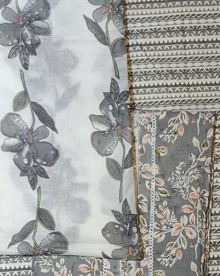 Grey and White Mal Cotton printed fabric Unstitched Salwar Suit