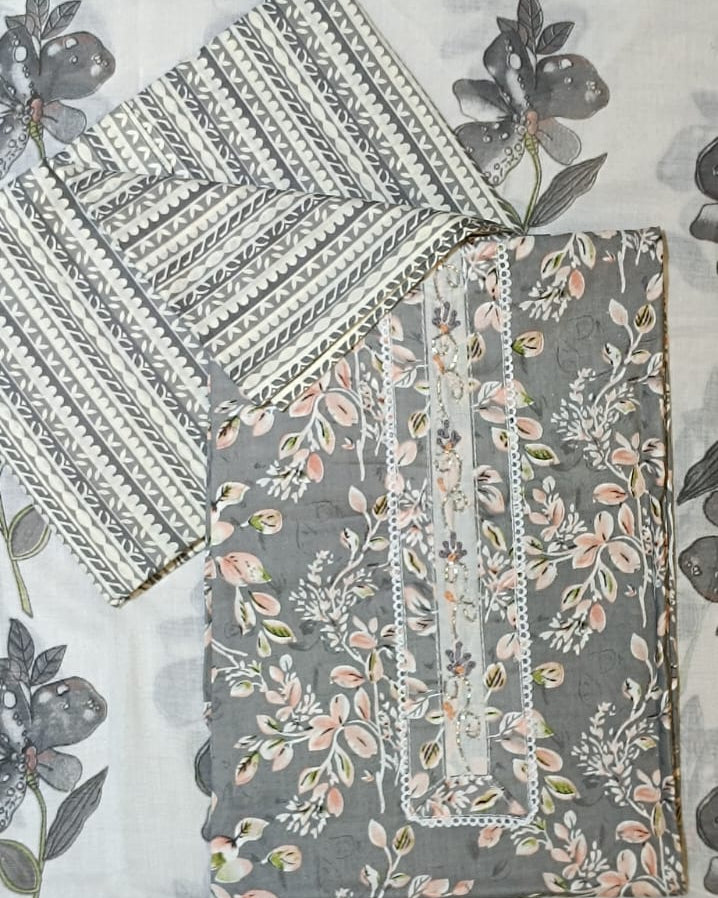 Grey and White Mal Cotton printed fabric Unstitched Salwar Suit