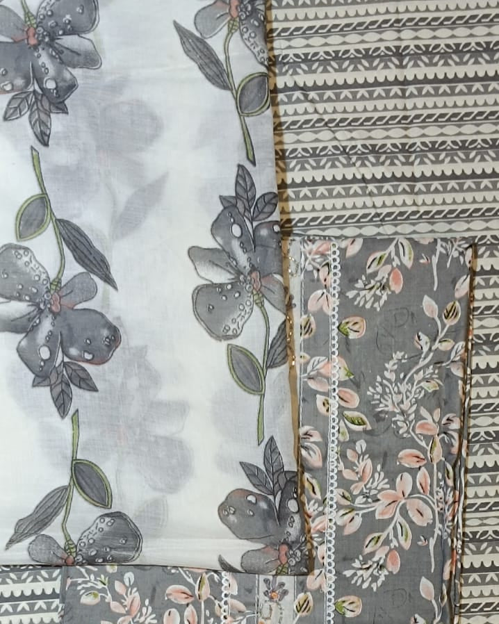 Grey and White Mal Cotton printed fabric Unstitched Salwar Suit