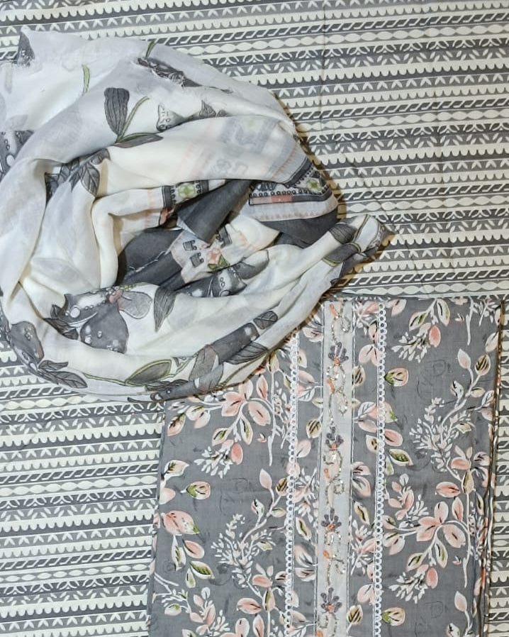 Grey and White Mal Cotton printed fabric Unstitched Salwar Suit