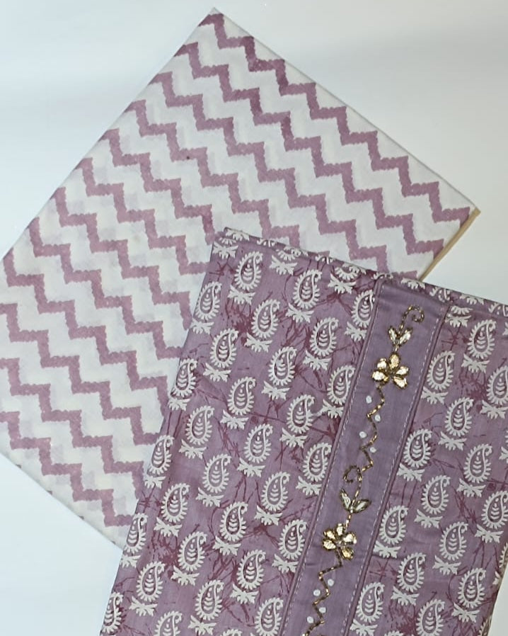 Purple Mal Cotton printed fabric Unstitched Salwar Suit