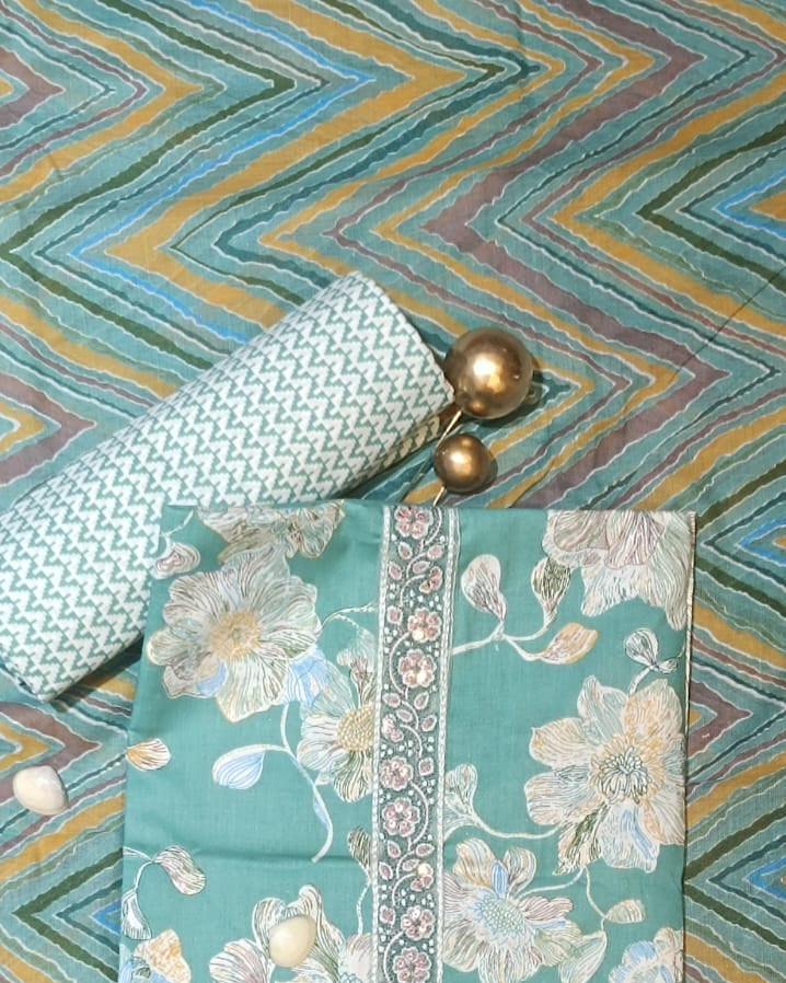 Sea Green Mal Cotton printed fabric Unstitched Salwar Suit