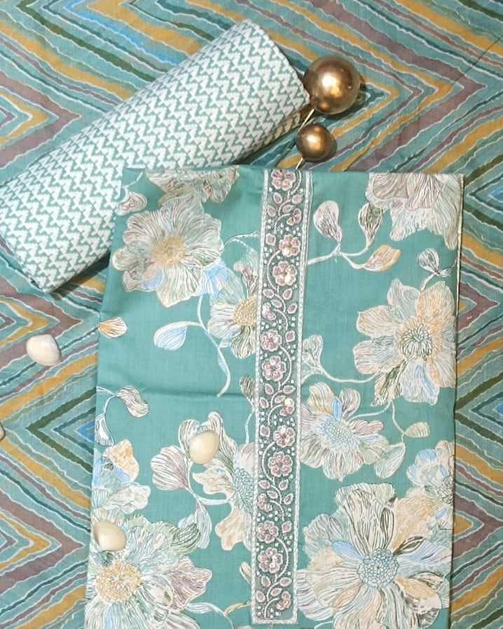 Sea Green Mal Cotton printed fabric Unstitched Salwar Suit