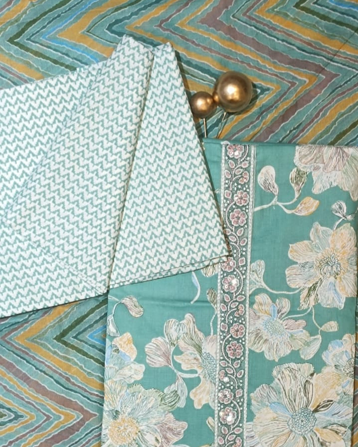 Sea Green Mal Cotton printed fabric Unstitched Salwar Suit