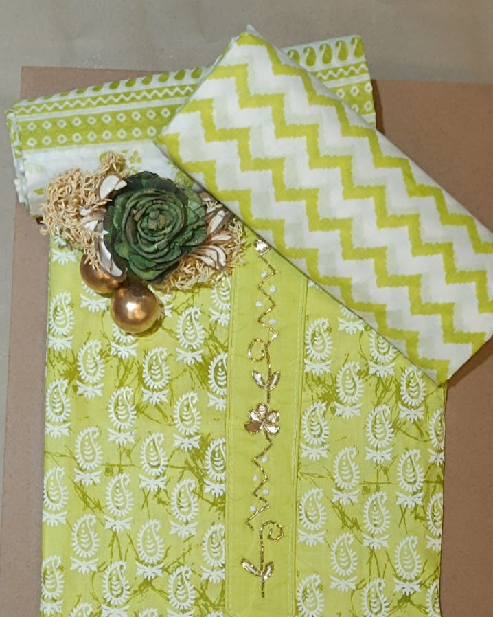 Light Yellow Mal Cotton printed fabric Unstitched Salwar Suit