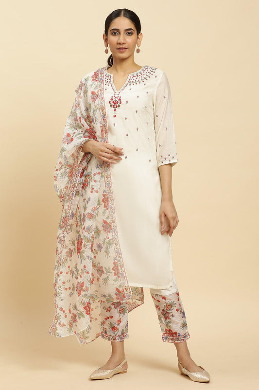 Ecru Chanderi Embroidered Kurta, Slim Pants And Dupatta Set