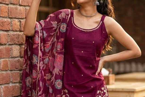 Elegant Wine-Purple Printed Kurta Set