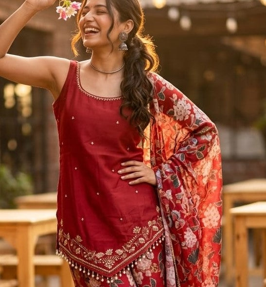 Crimson Red Printed Kurta Set
