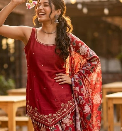 Crimson Red Printed Kurta Set