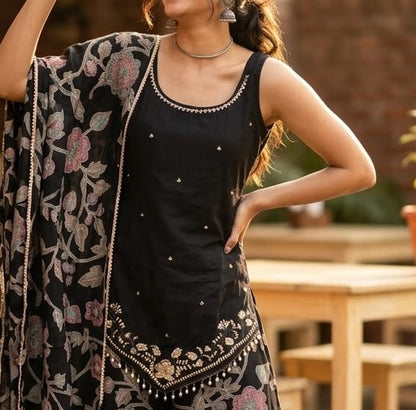 Midnight Black Floral Printed Roman Silk Kurta Set