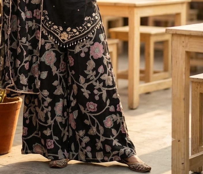 Midnight Black Floral Printed Roman Silk Kurta Set