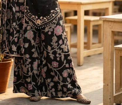 Midnight Black Floral Printed Roman Silk Kurta Set
