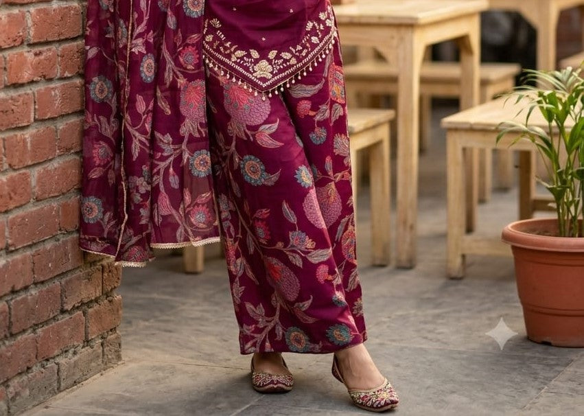 Elegant Wine-Purple Printed Kurta Set