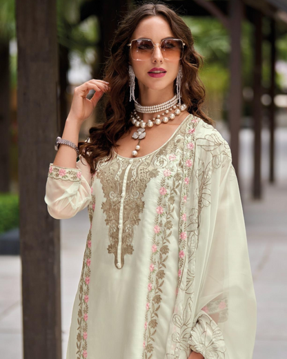 White Embroidered Organza Fabric Readymade Pakistani Salwar Suit